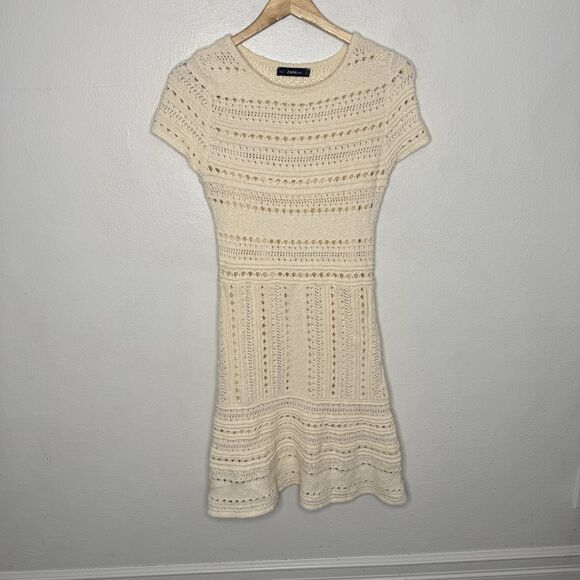 Zara Ivory Openwork Knit Dress Short Sleeve  Spring Fit & Flare Women’s Small - Picture 1 of 10